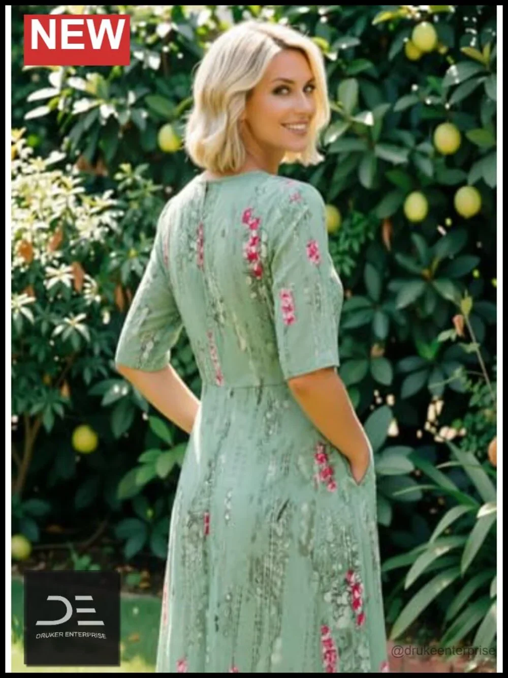 Women's 3/4 Sleeve Midi Dress with Pockets Flowy A-Line Boho V-Neck